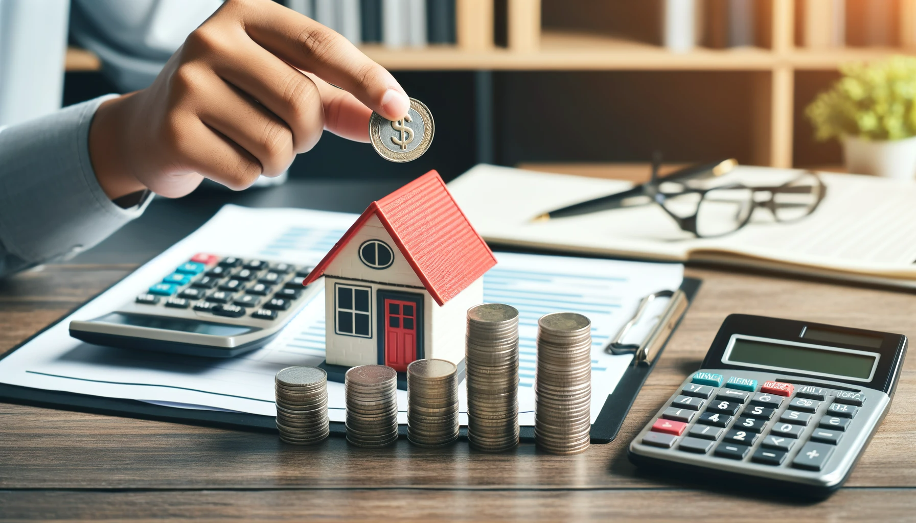 DALL·E 2024-01-12 09.55.55 - Create an image similar to the one provided, but with a theme focused on home loans. The photo should depict a hand placing a coin on to