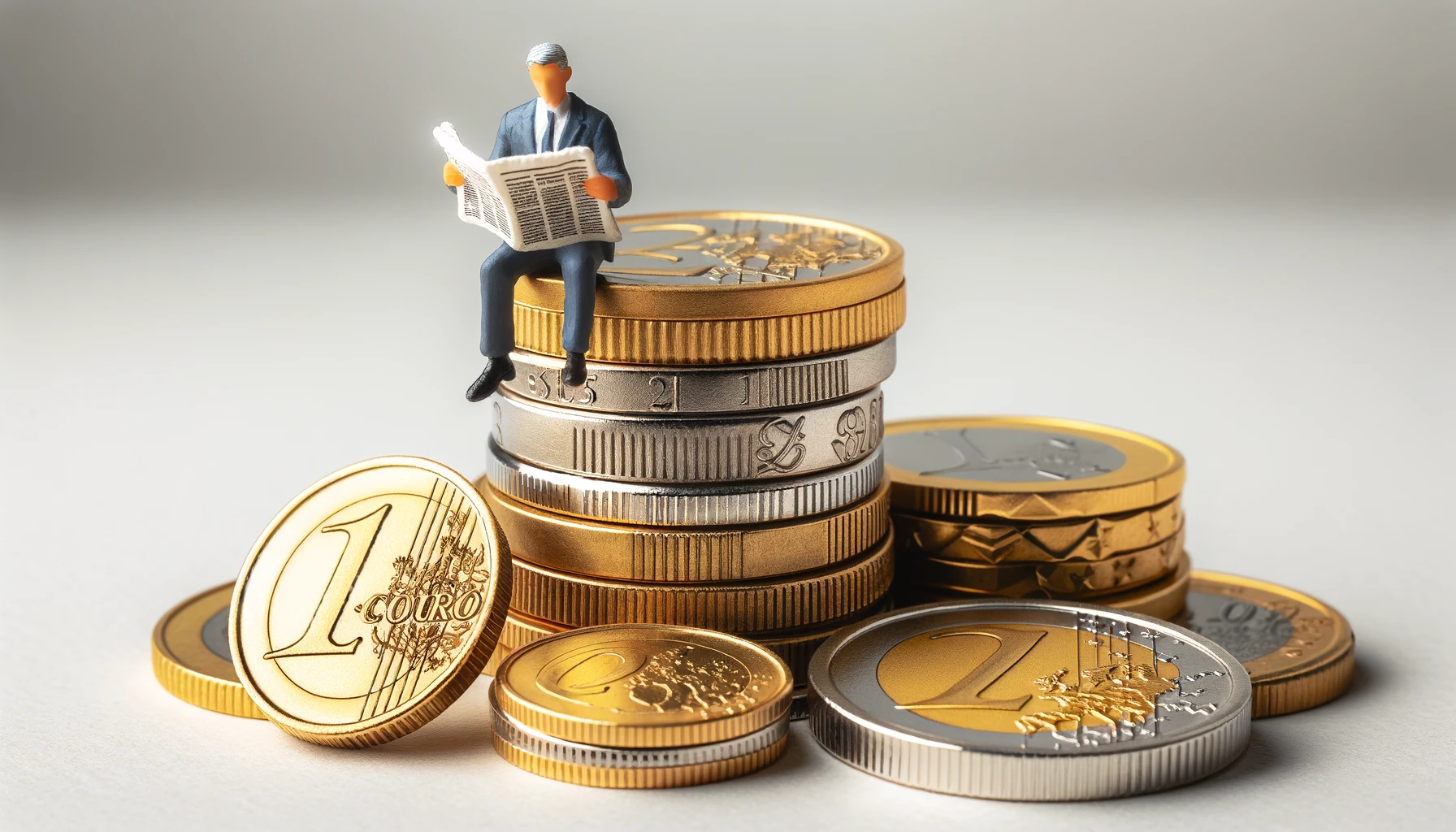 DALL·E 2024-03-04 13.47.08 - A miniature figure of a businessman sitting on top of a stack of oversized, highly detailed, golden and silver coins, reading a newspaper. The figure