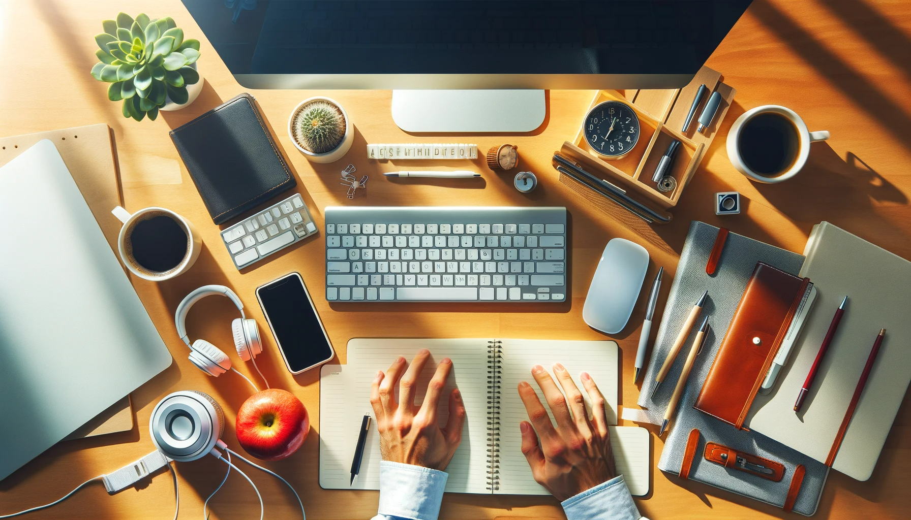 DALL·E 2024-01-12 10.24.43 - Create a brightly lit image of a top-down view of a modern workspace. The desk should include a computer monitor, a chic keyboard with a mix of white