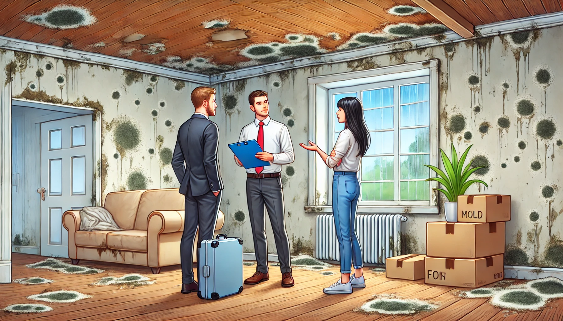 DALL·E 2025-01-23 11.45.45 - A horizontal illustration of a house interior with visible mold growing on the walls. The mold is extensive but contained to certain areas, spreading