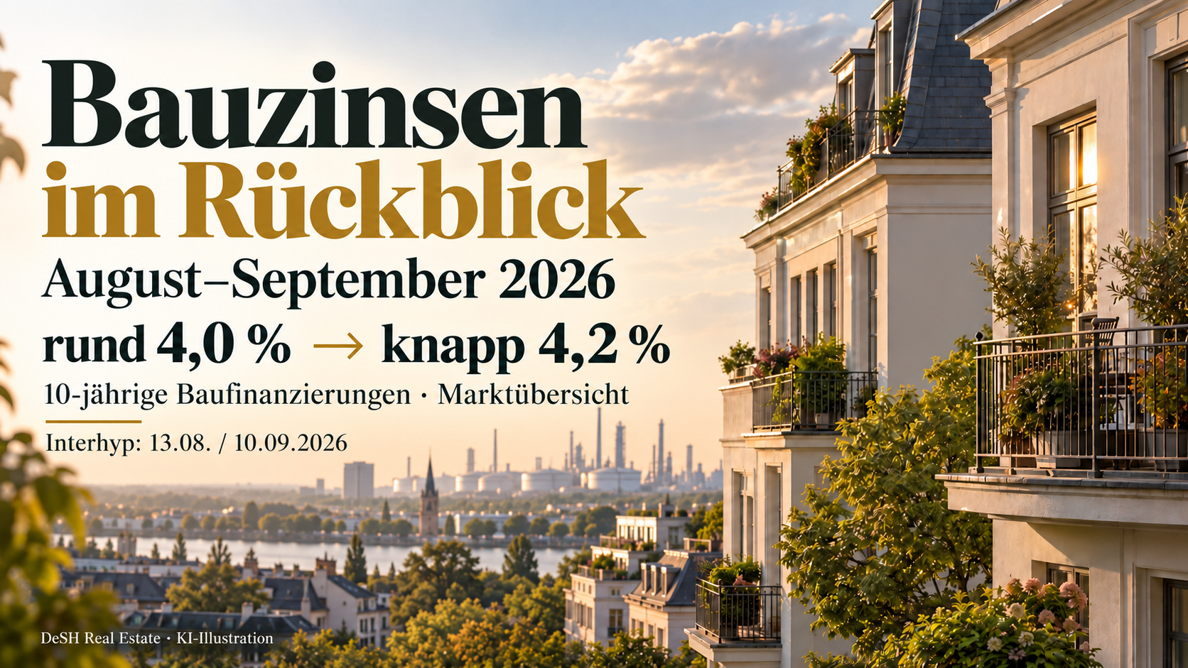 KI-Illustration: Bauzinsen im Rückblick August–September 2026, rund 4,0 bis knapp 4,2 Prozent laut damaligen Interhyp-Marktübersichten.