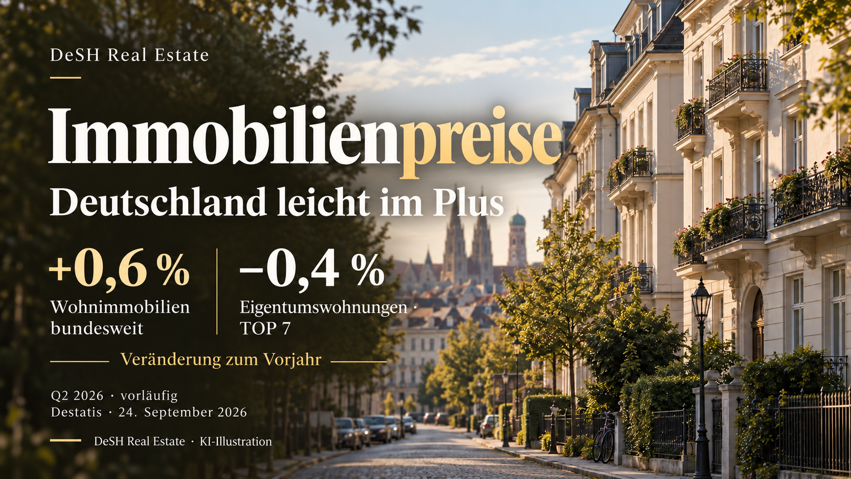 KI-Illustration: Immobilienpreise Q2 2026, vorläufig; bundesweit plus 0,6 Prozent, TOP-7-Eigentumswohnungen minus 0,4 Prozent zum Vorjahr.