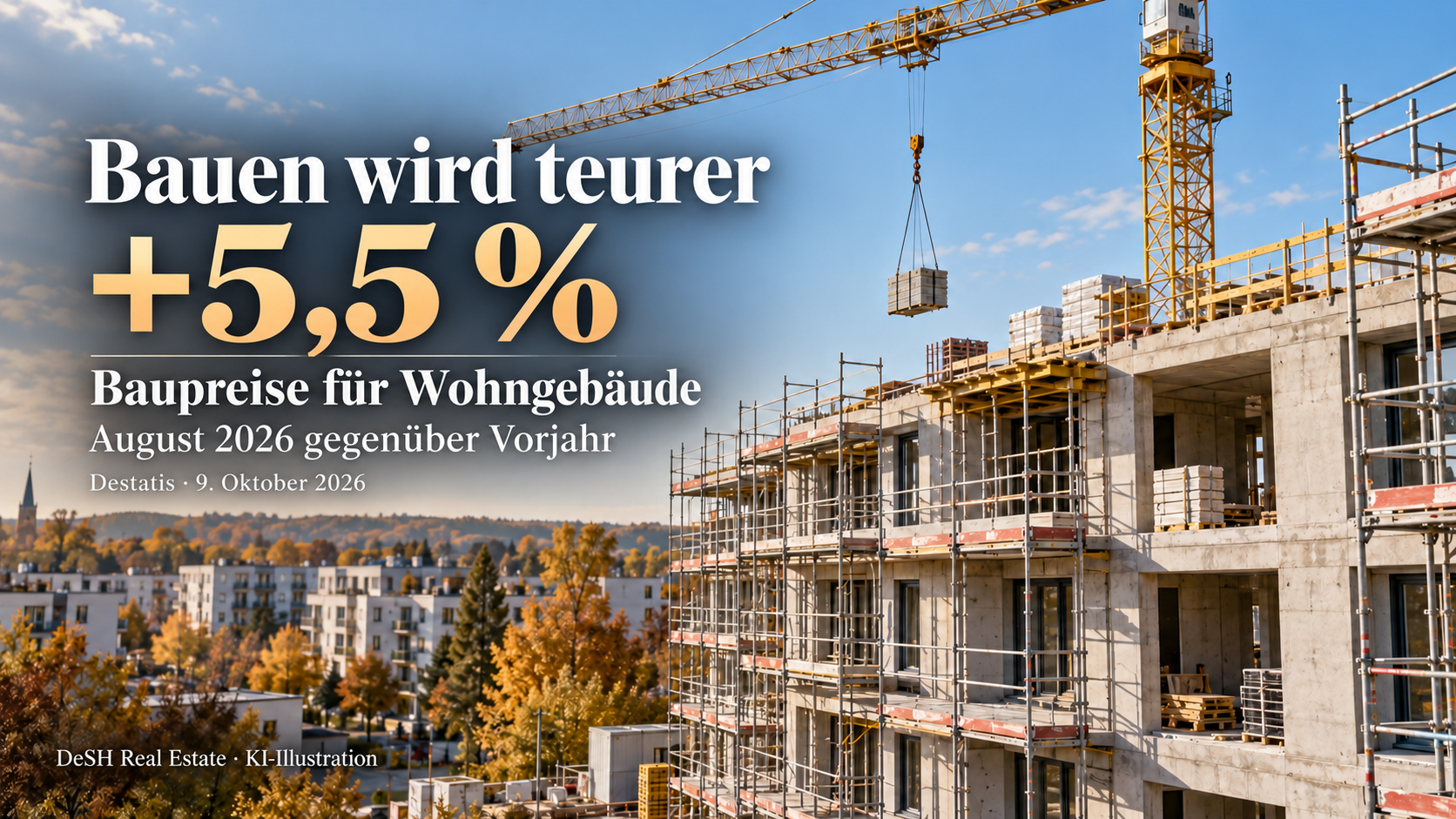 KI-Illustration: Wohnungsbau mit Kran; Baupreise für Wohngebäude im August 2026 um 5,5 Prozent über Vorjahr.