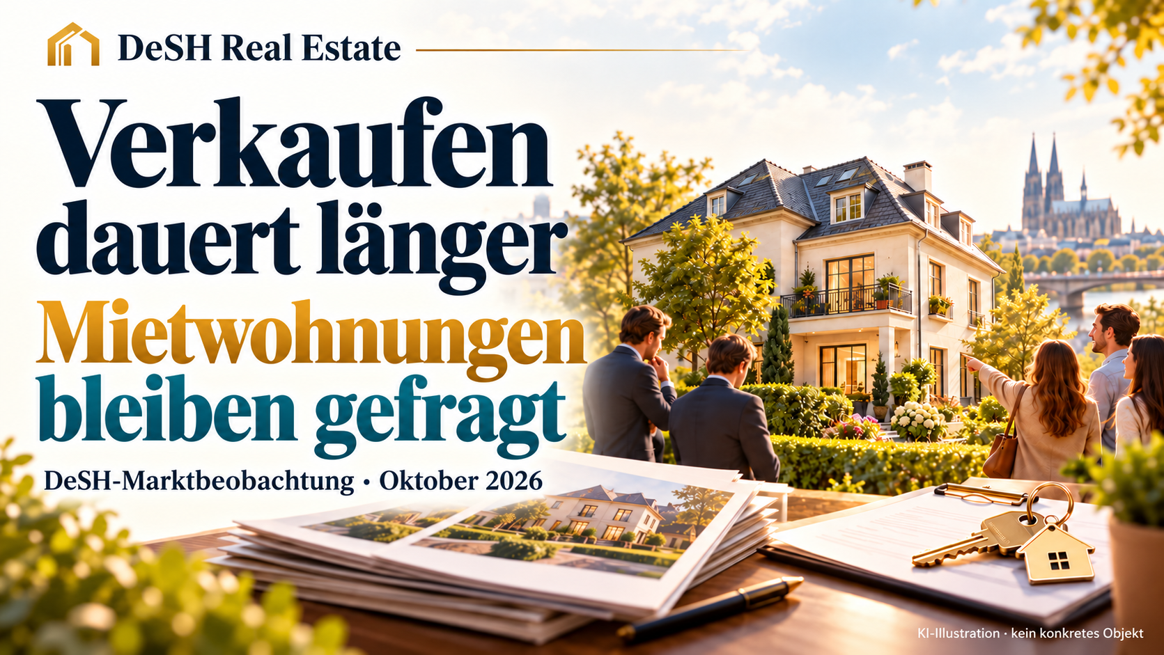 KI-Illustration zur DeSH-Marktbeobachtung: längere Verkaufsprozesse und gefragte Mietwohnungen im Oktober 2026.